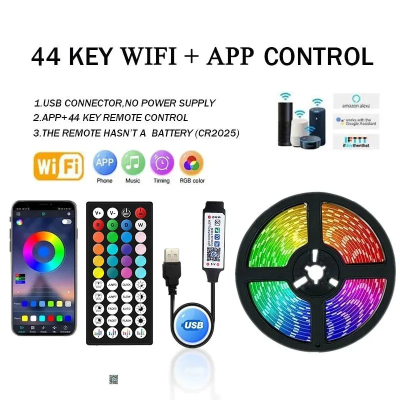 5050 RGB USB LED Strip 5V Bluetooth WiFi Control 16 Million Colors App Voice Remote for Room TV Backlight Decoration