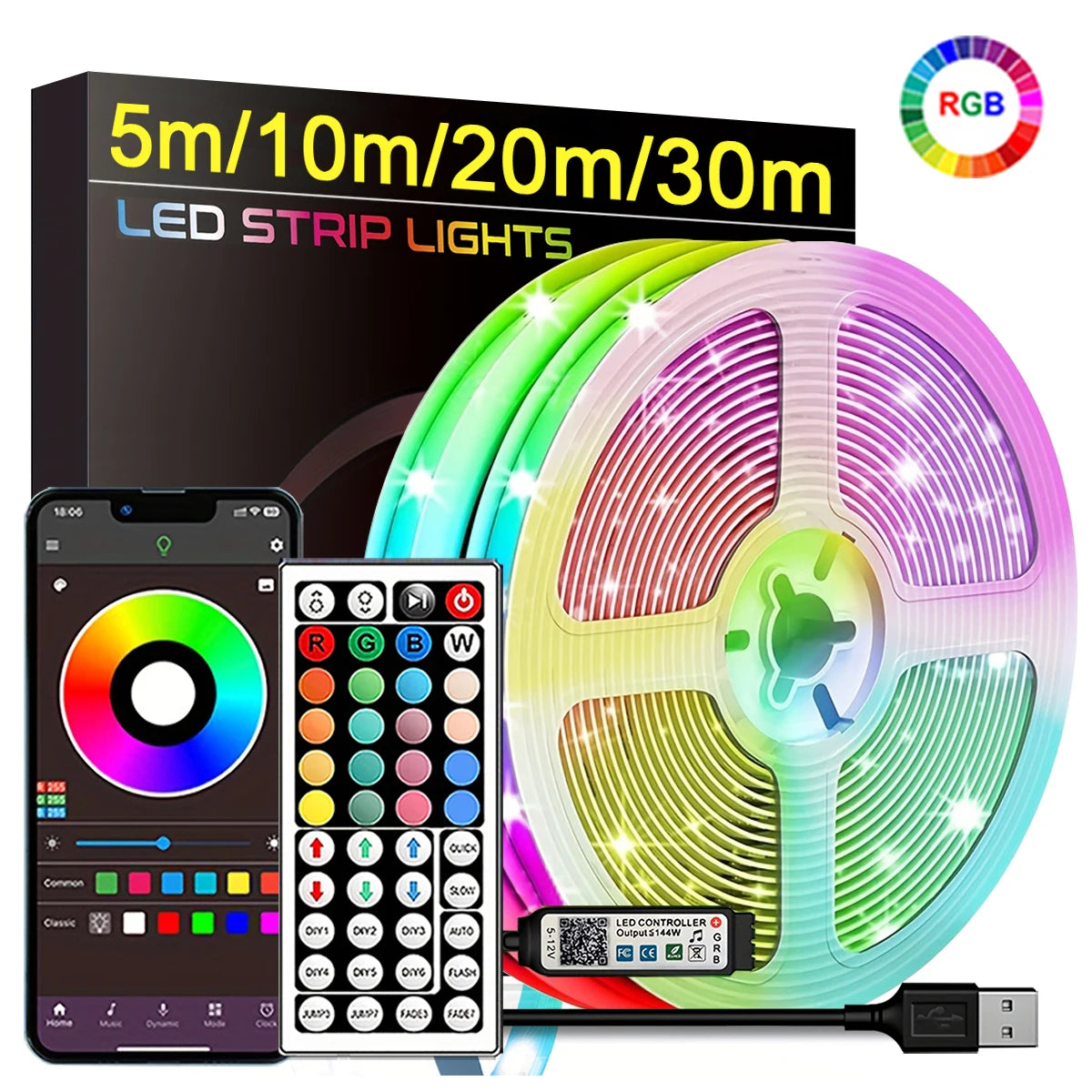 RGB Led Strip Lights 5m 10m 20m 30m luz LED para habitación con control por aplicación cinta flexible para decoración...