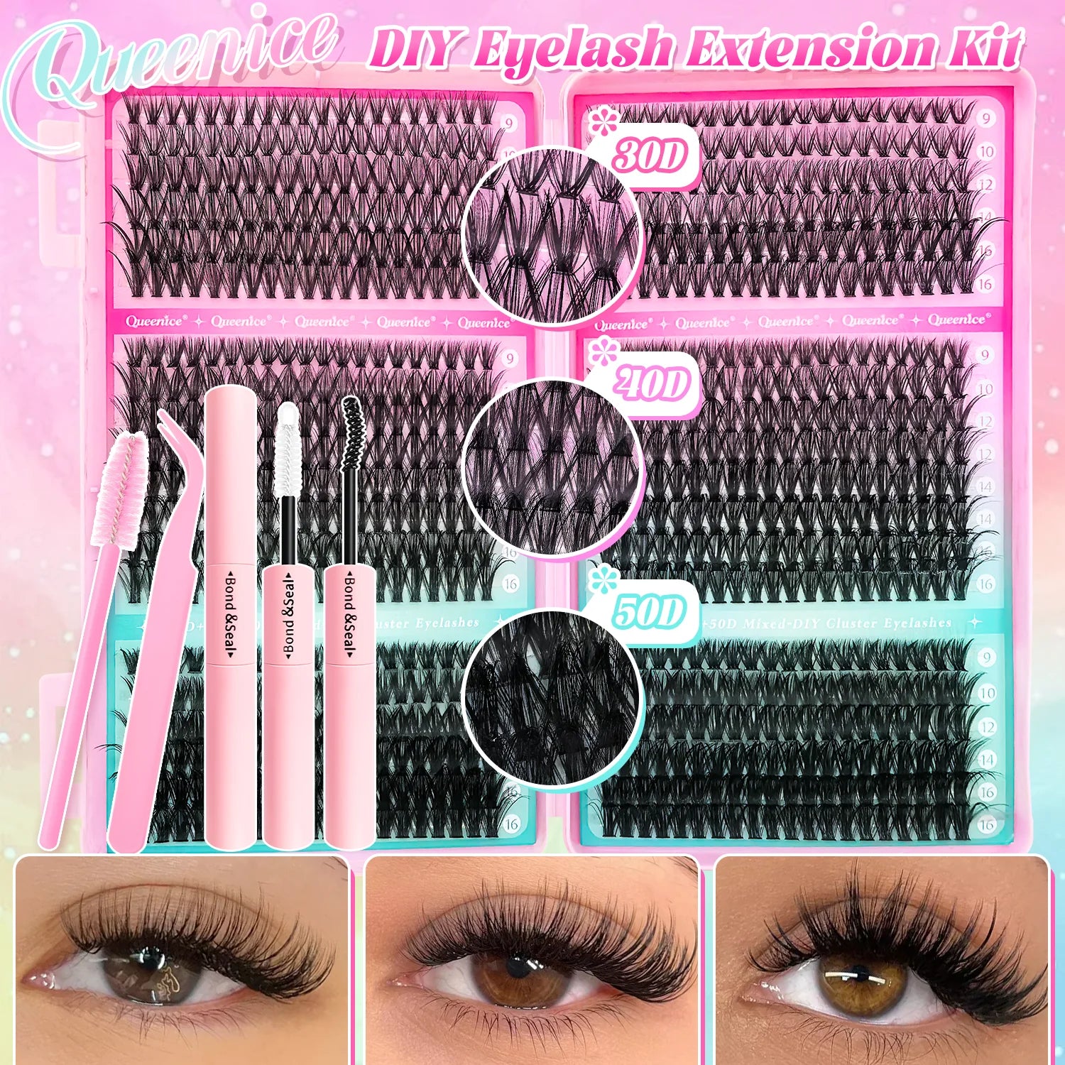 DIY Lash Extension Kit Clusters Individual Eyelashes Kit 9-16mm with Bond and Seal Wispy Natural Mange Lashes