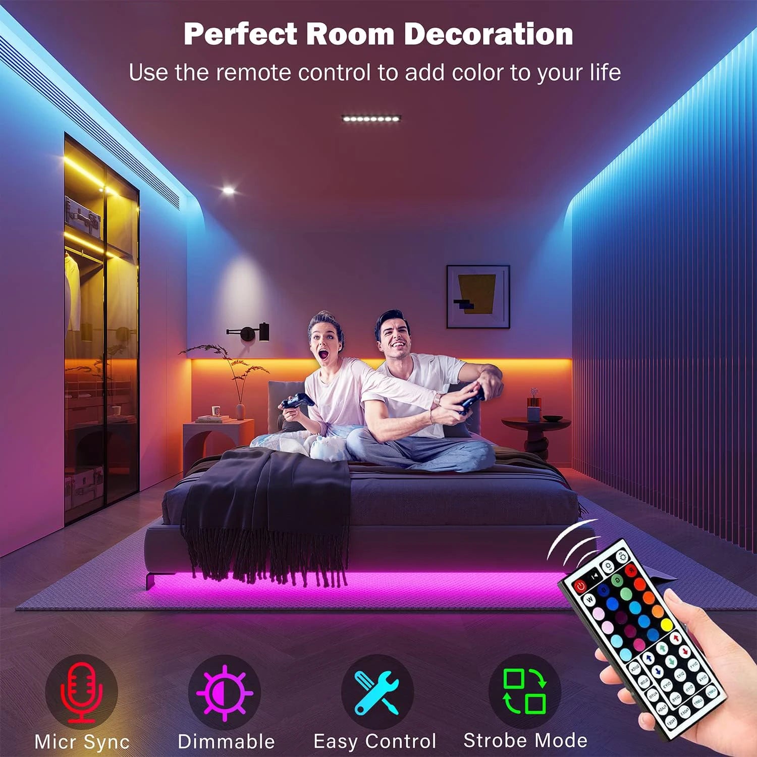 RGB Led Strip Lights 5m 10m 20m 30m luz LED para habitación con control por aplicación cinta flexible para decoración...
